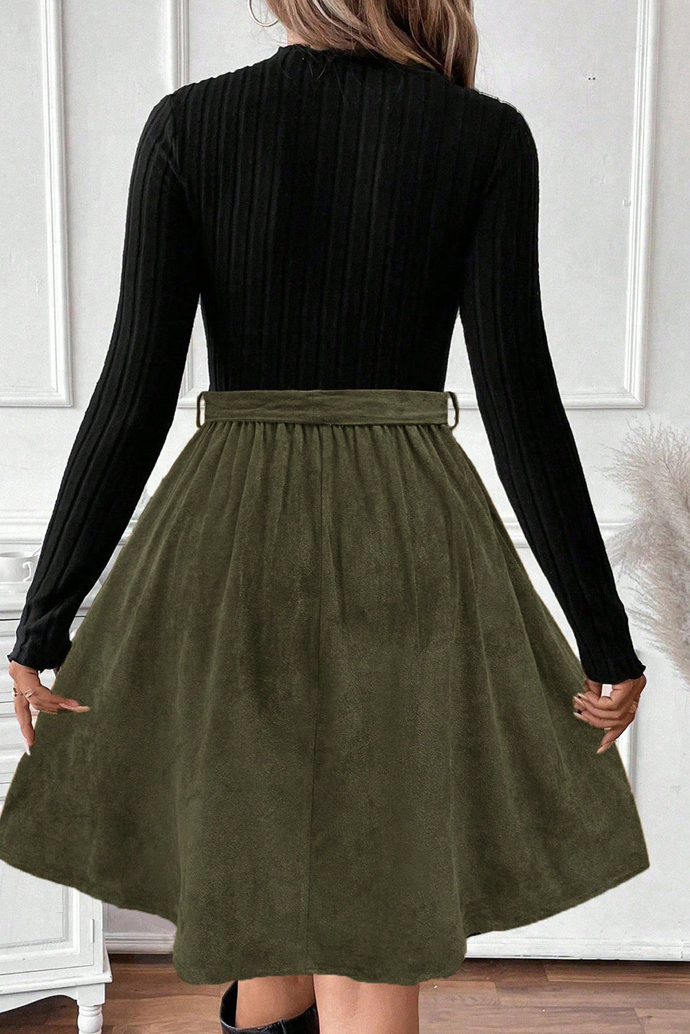 Black Ribbed Contrast Belted Dress