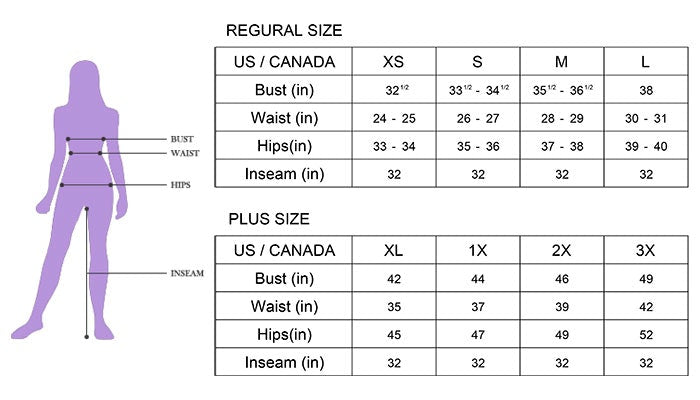 Vendor US/Canada size chart in inches, XS–3X, with bust, waist and hip measurements; also includes inseam.