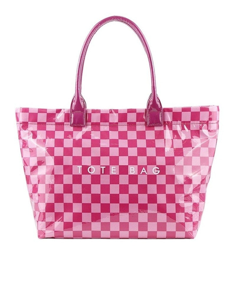 A glossy pink and white checkered tote bag with pink handles, featuring the text 'NOTE BAG' printed on the front. The image is set against a plain white background with a 'HOT PINK' label in the bottom right corner.