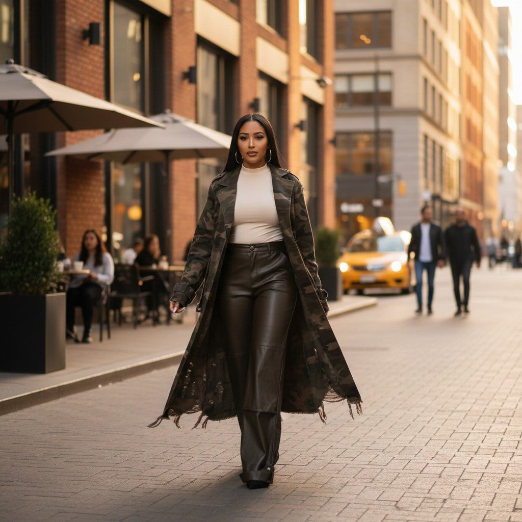 Model wearing camo jacket walking down the street