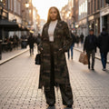 Model wearing camo jacket on the street