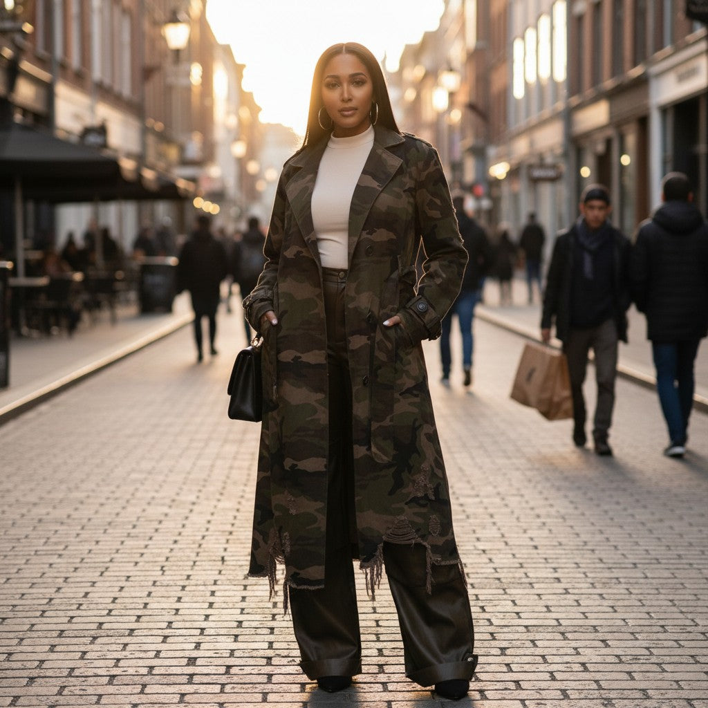 Model wearing camo jacket on the street