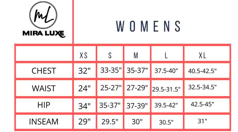 Mira Luxe size chart in inches: XS–XL chest, waist, hip and inseam measurements for the knit lounge set.