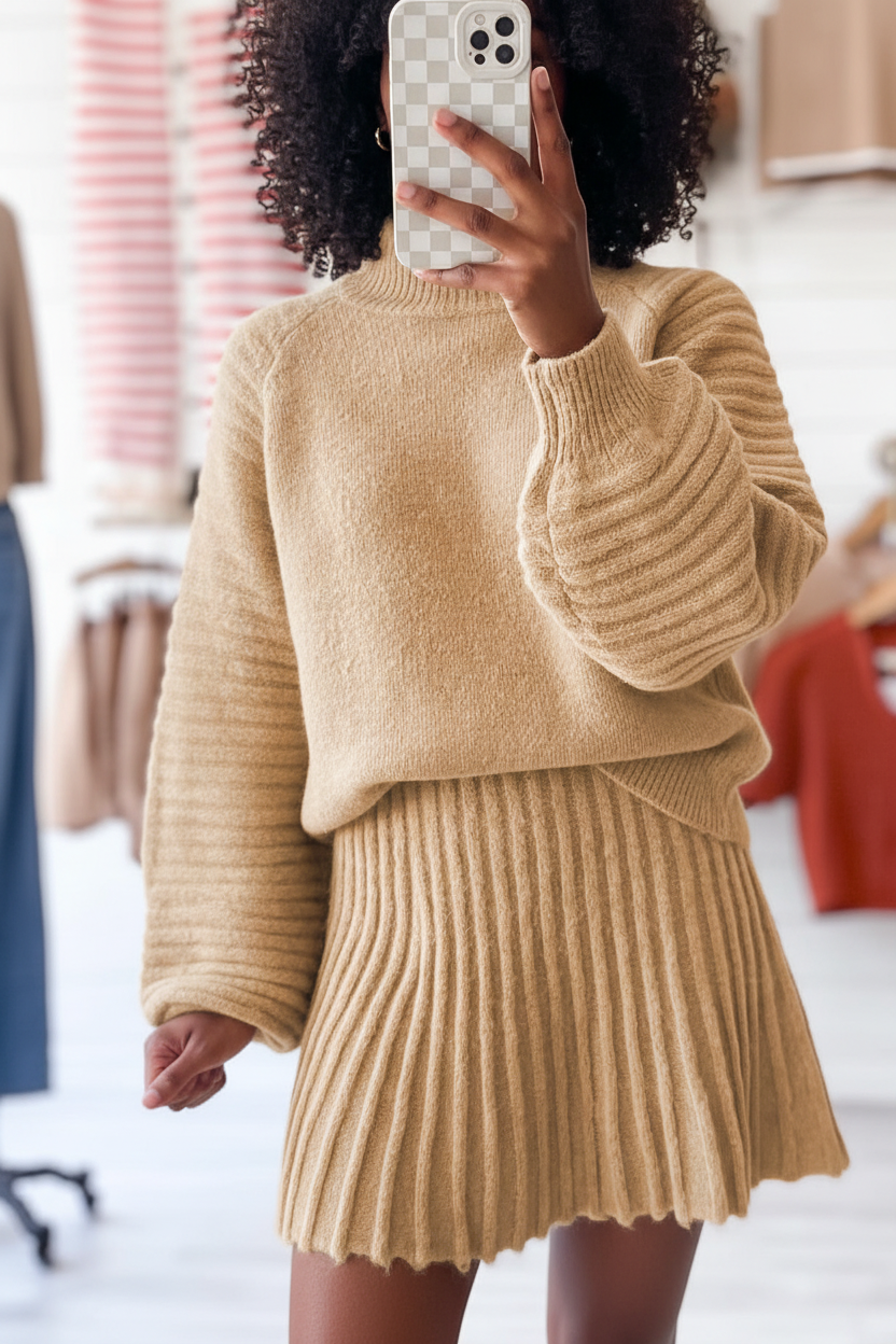 Black woman modeling a tan lantern sleeve sweater and pleated knit mini skirt set 