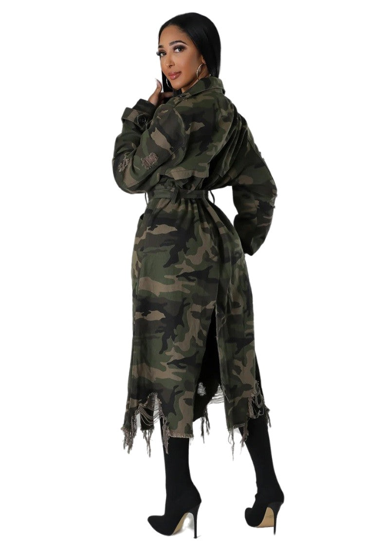 Model showing the back of the camo jacket