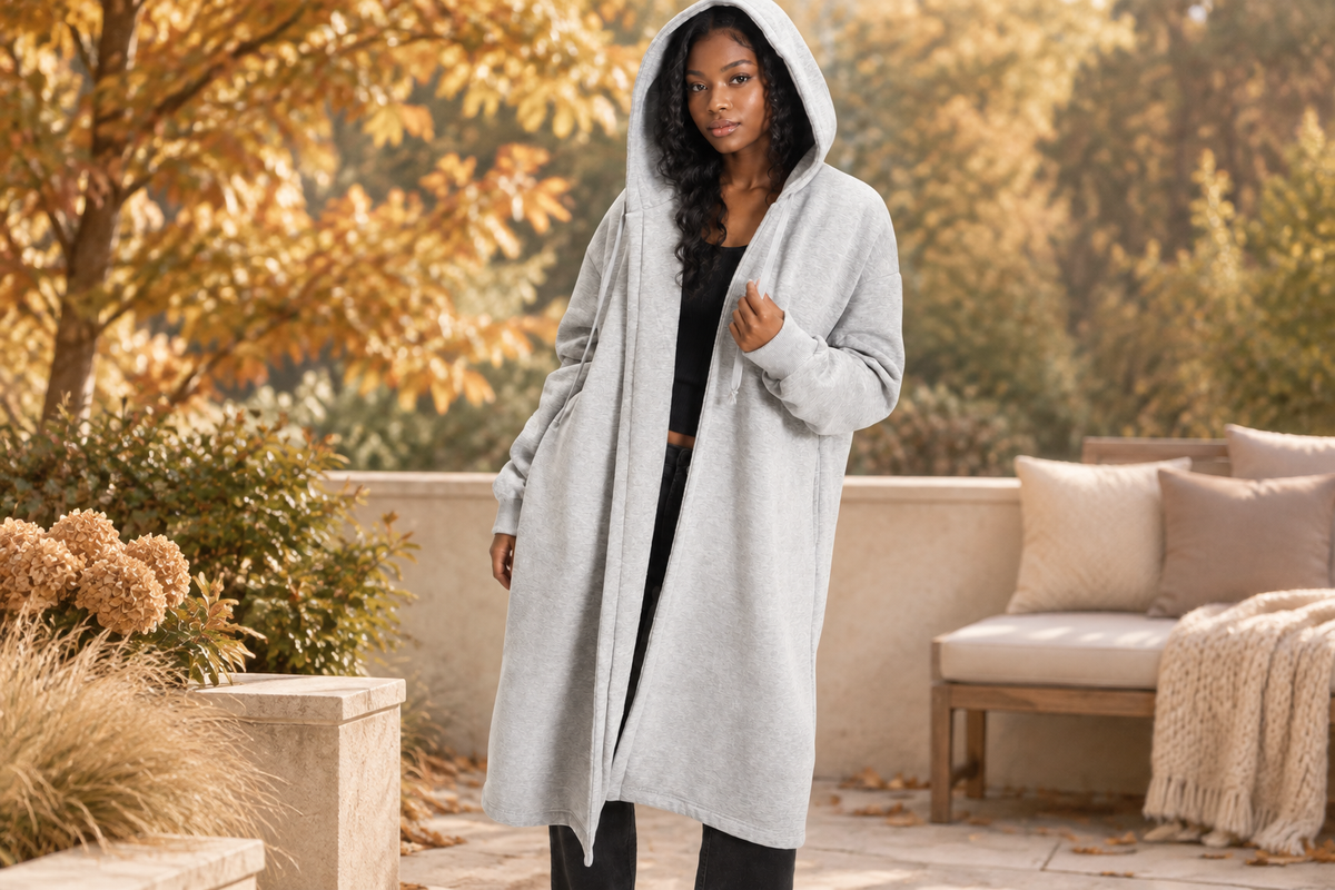 Black women wearing a cozy gray hooded longline jacket in fall setting.
