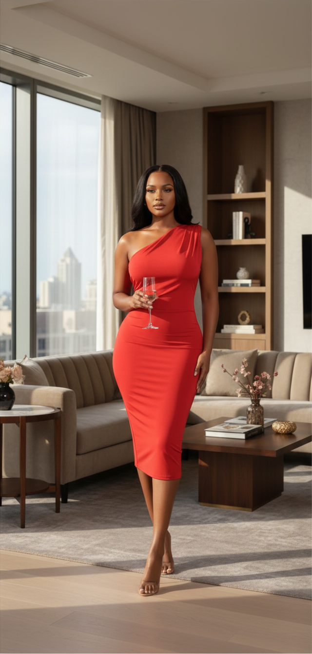 A woman wearing a bright coral-red one-shoulder bodycon midi dress stands in a modern living room holding a wine glass.