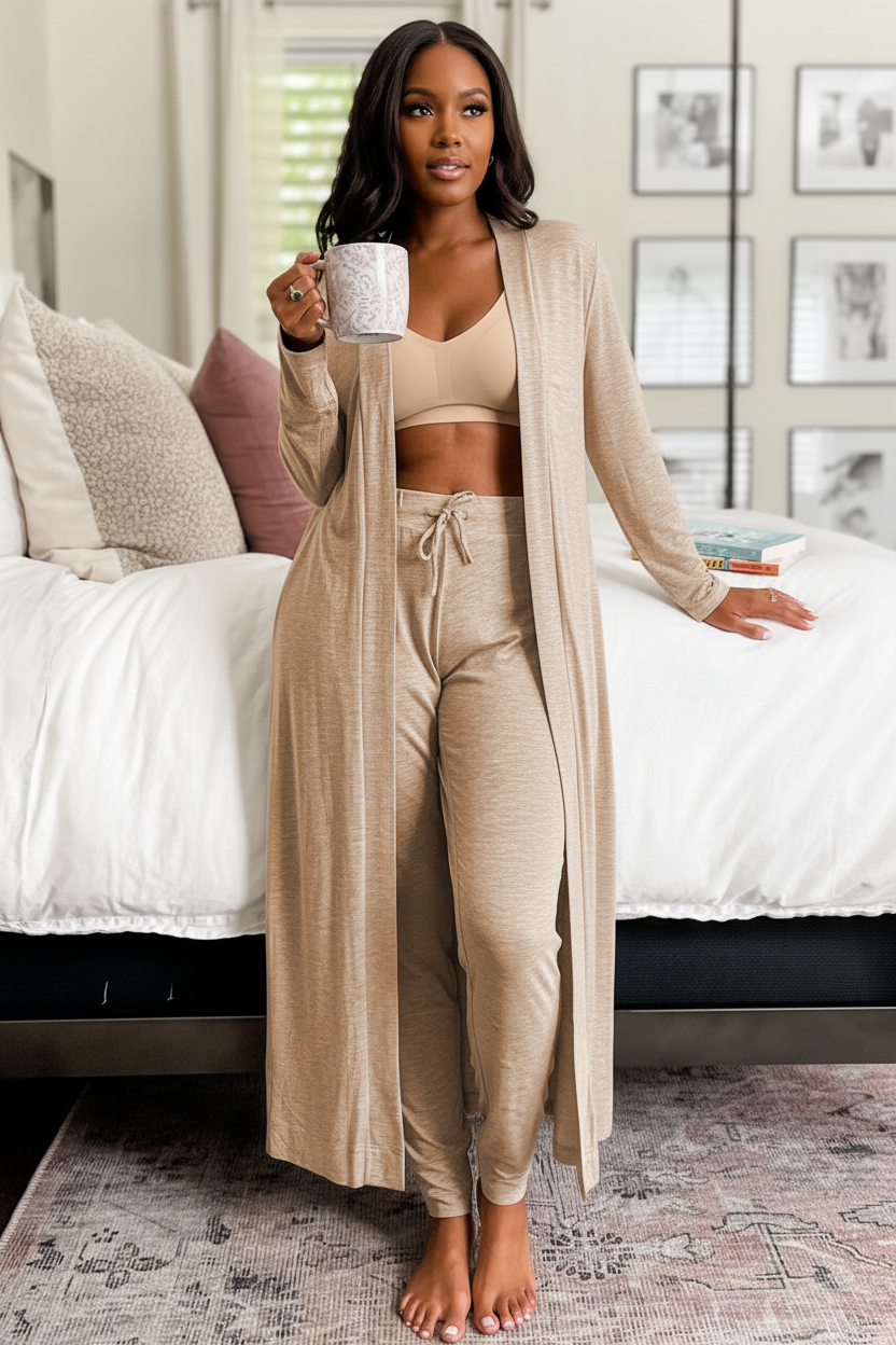 Curvy Black woman wearing parchment long cardigan and skinny pants set