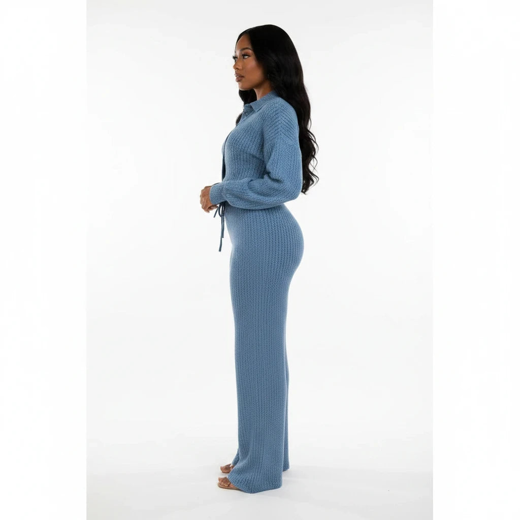 Swerves & Curves Boutique blue two-piece denim set with long-sleeve top and wide-leg pants on a model, side view