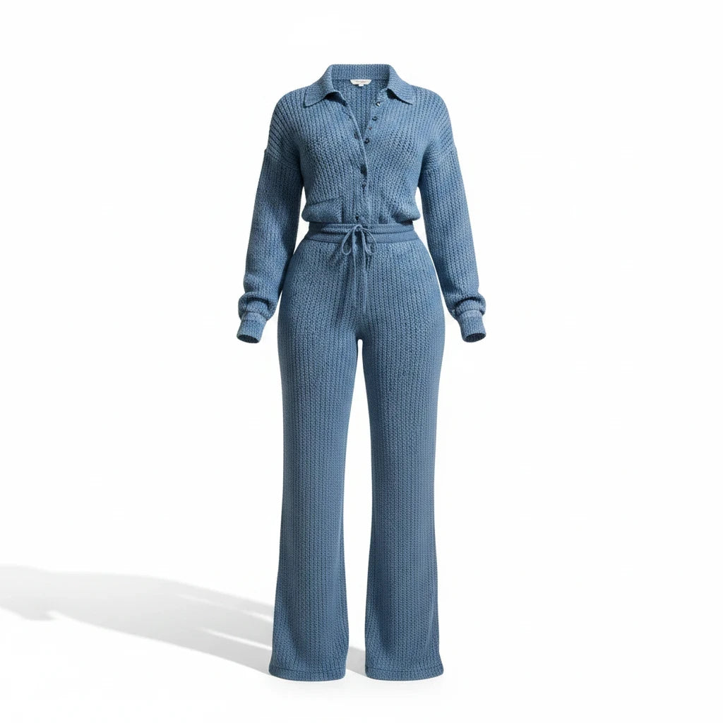 Swerves & Curves Boutique blue knit two-piece set featuring a long-sleeve button-up top and wide-leg drawstring pants.