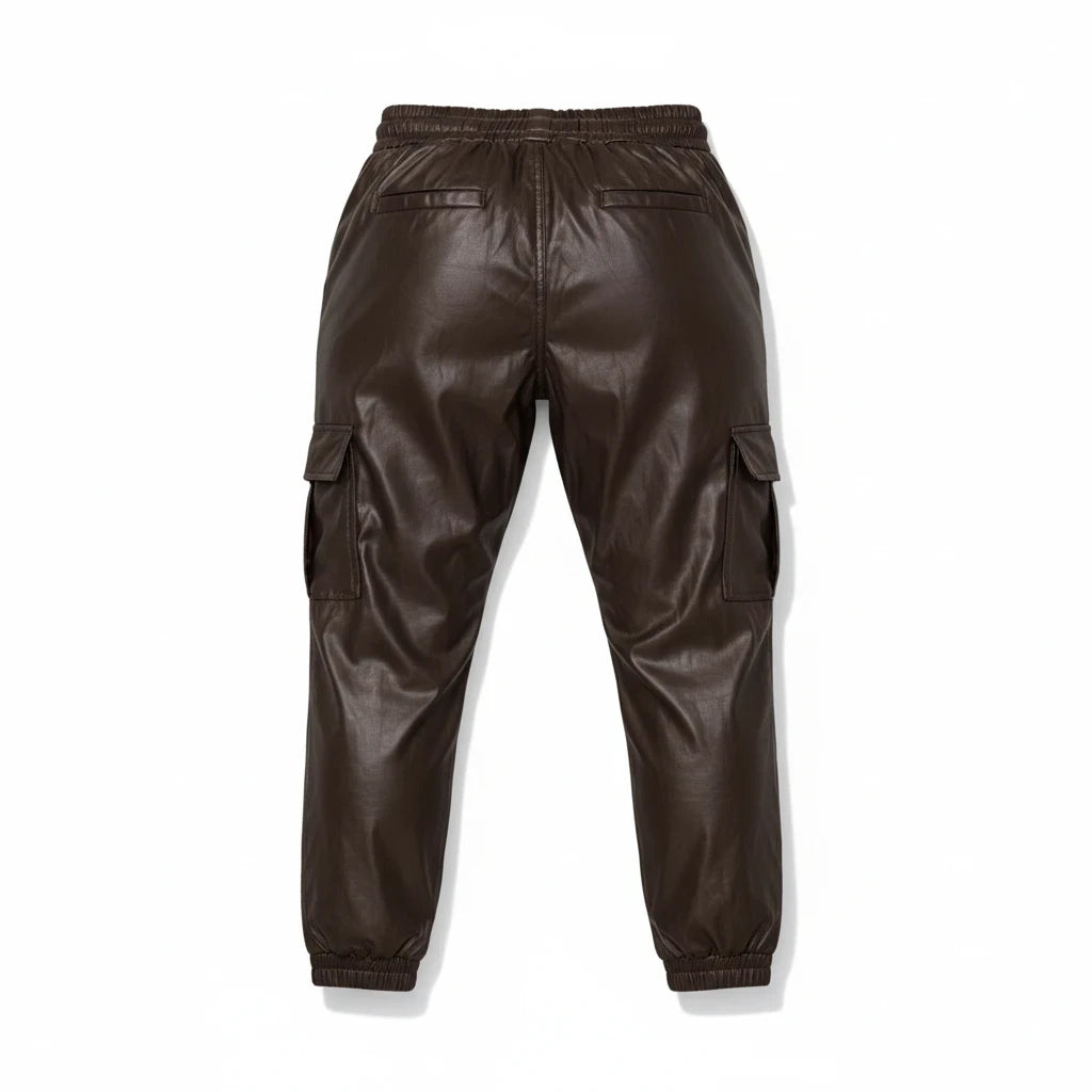 Back view of Swerves & Curves Boutique dark brown faux leather cargo joggers with elastic waistband and cuffs.