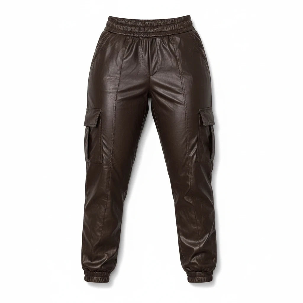 Swerves & Curves Boutique dark brown faux leather cargo joggers with elastic waistband and side pockets