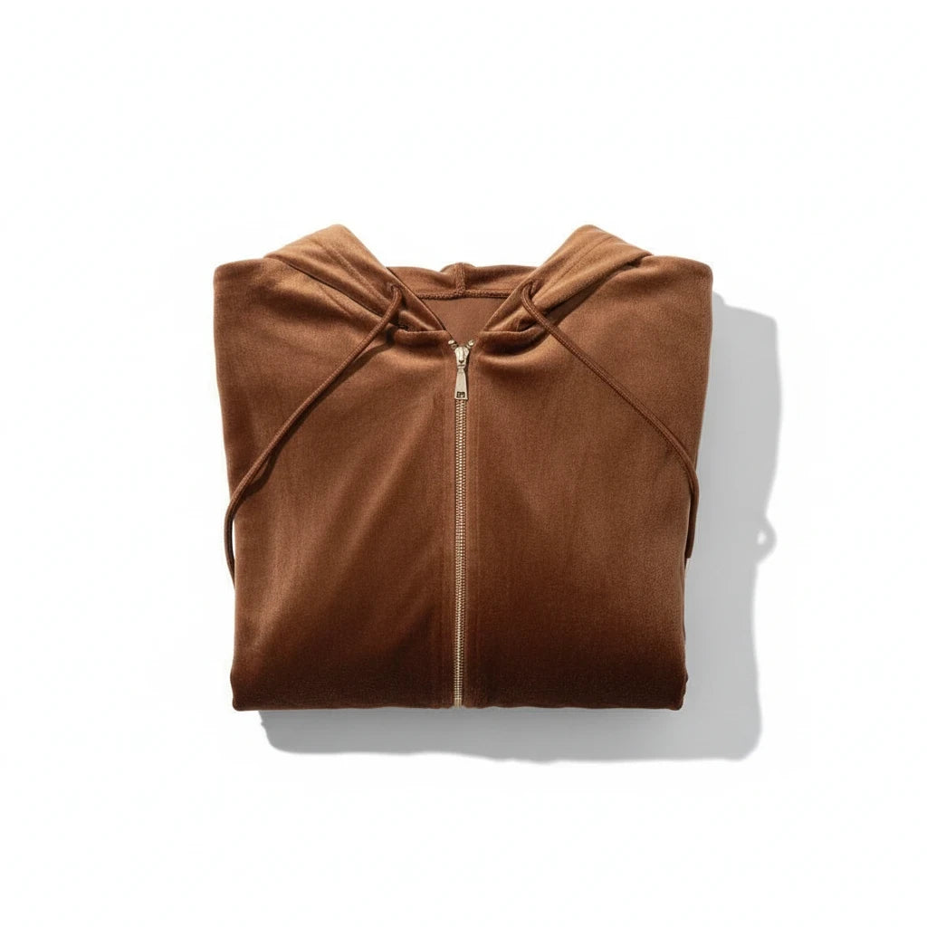 Swerves & Curves Boutique brown velvet zip-up hoodie from the Velvet Vibe Set, featuring a soft, smooth texture.