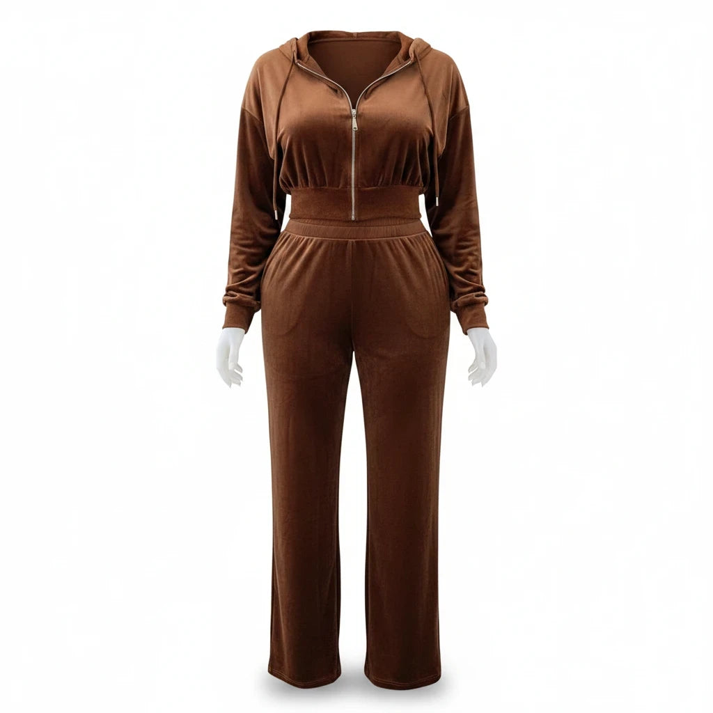 Swerves & Curves Boutique brown velvet zip-up hooded jacket and matching wide-leg joggers lounge set