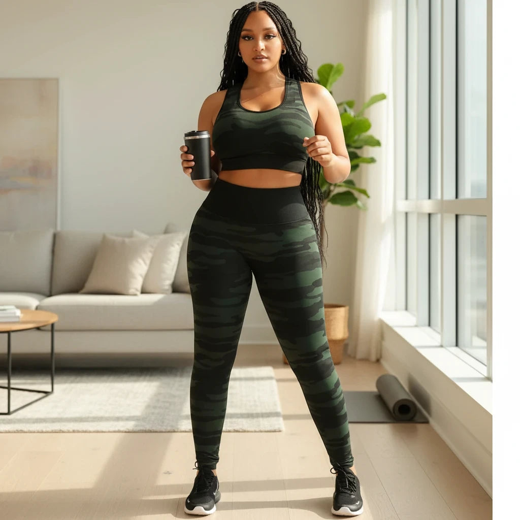 Swerves & Curves Boutique women's green camo two-piece workout set with high-waisted leggings and a sports bra