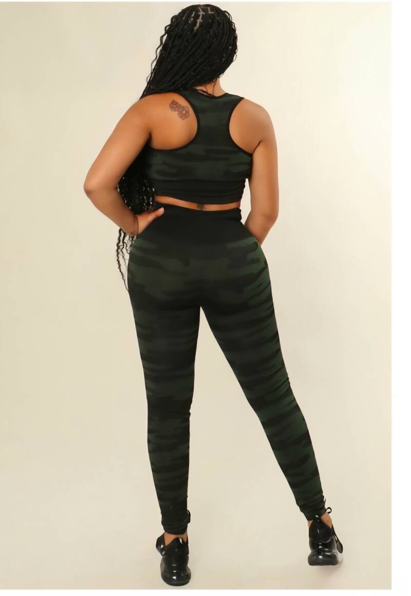 Swerves & Curves Boutique women's camo two-piece workout set with racerback top and leggings, back view