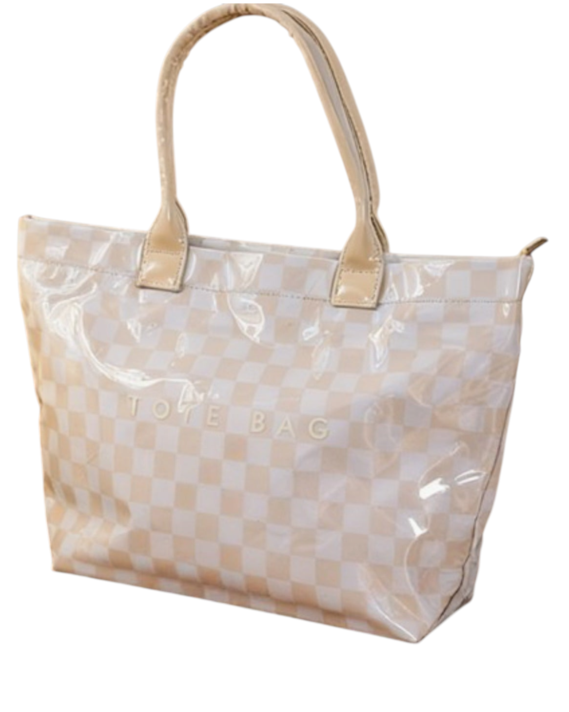 Swerves & Curves Boutique checkered tote bag in beige and white with glossy finish and sturdy shoulder straps
