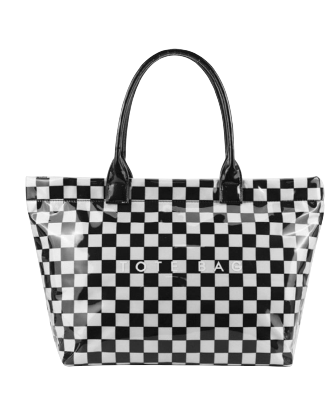 Swerves & Curves Boutique black and white checkered tote bag with black handles and TOTE BAG text on the front.