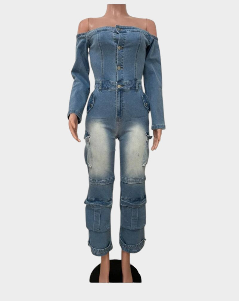 Swerves & Curves Boutique off-the-shoulder denim jumpsuit with cargo pockets and light wash distressed detailing.