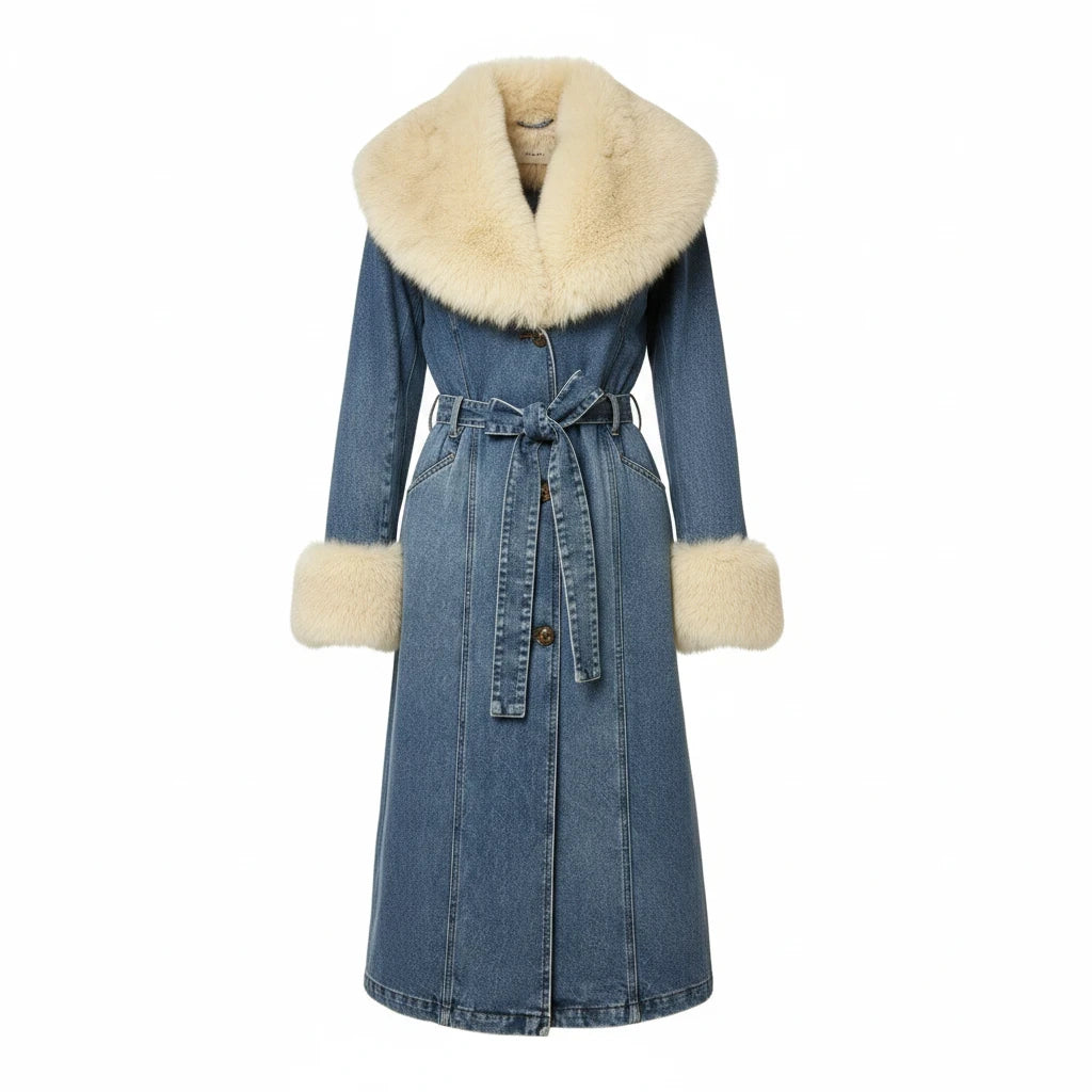 Swerves & Curves Boutique long blue denim trench coat with a cream faux fur collar and matching sleeve cuffs