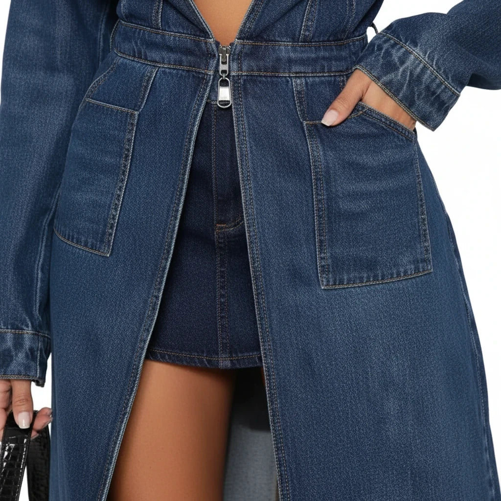 Swerves & Curves Boutique deep indigo denim maxi trench coat with a front zipper and patch pockets.
