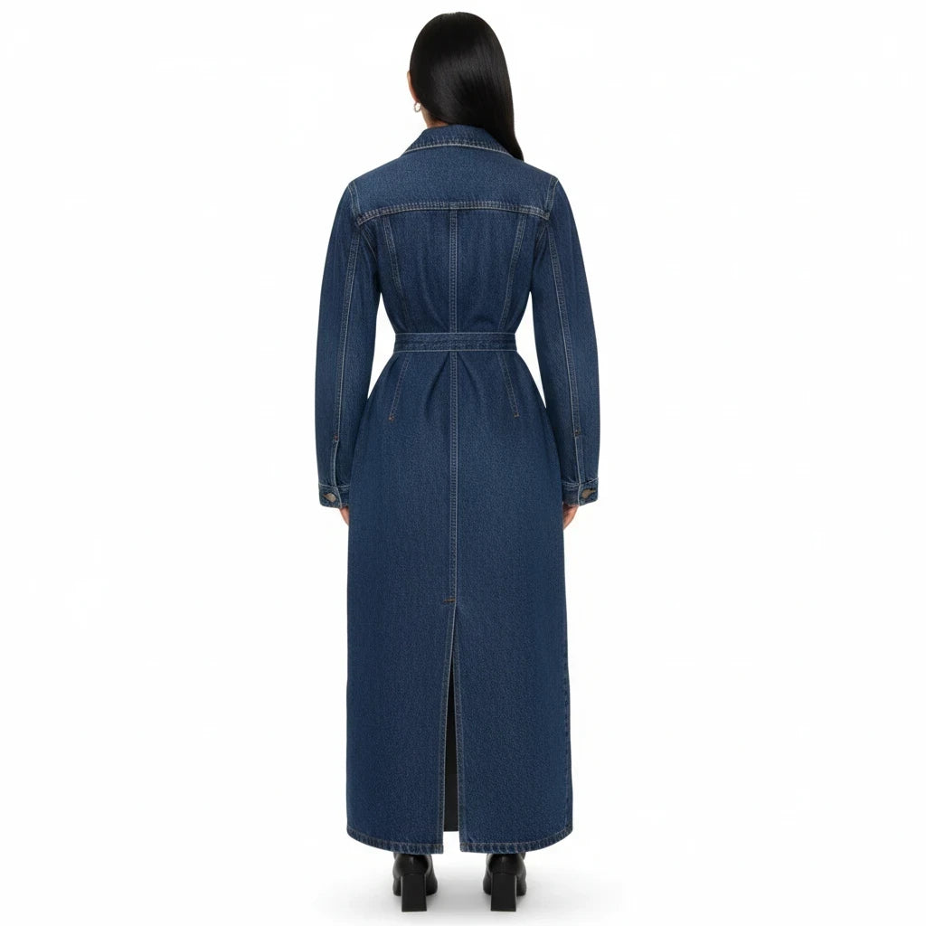 Swerves & Curves Boutique full-length indigo denim trench coat with a cinched waist and back vent, back view.