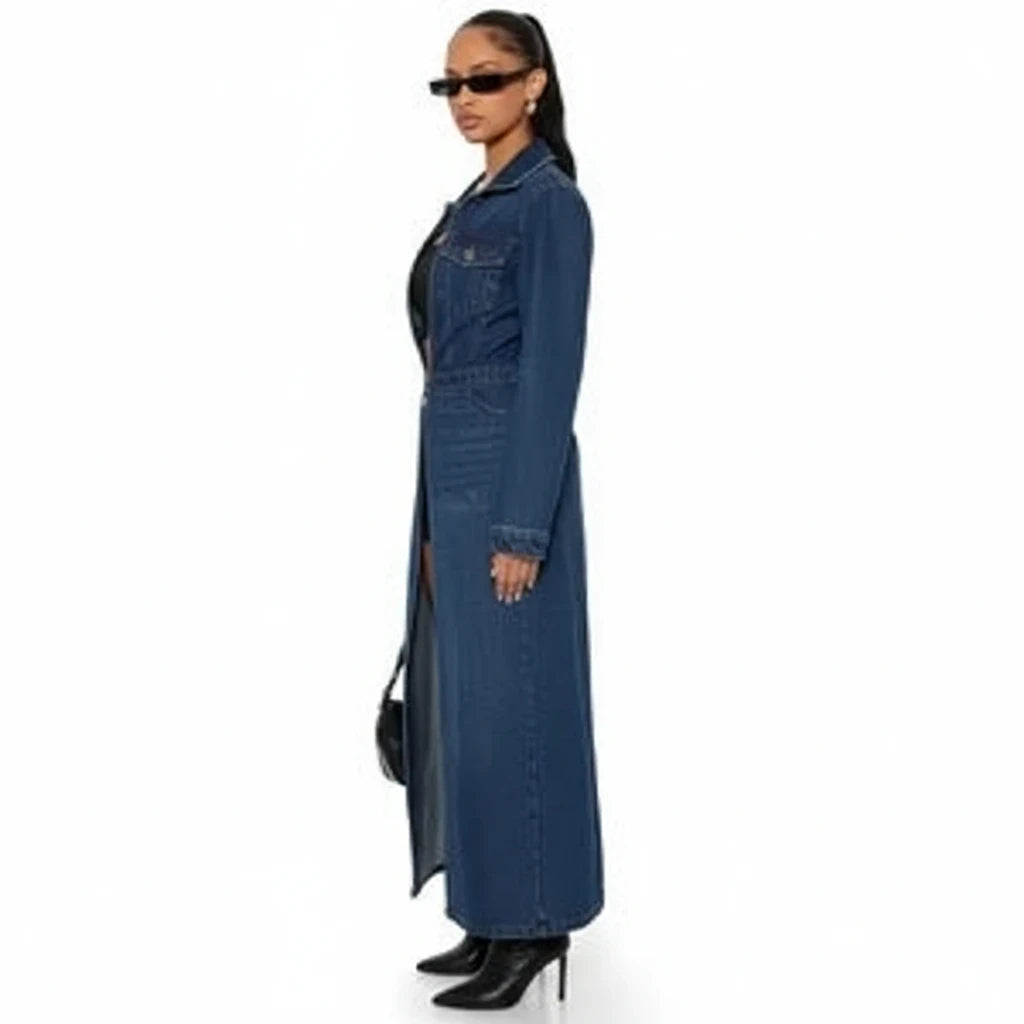 Swerves & Curves Boutique deep indigo denim maxi trench coat with a structured collar and cinched waist, side view.