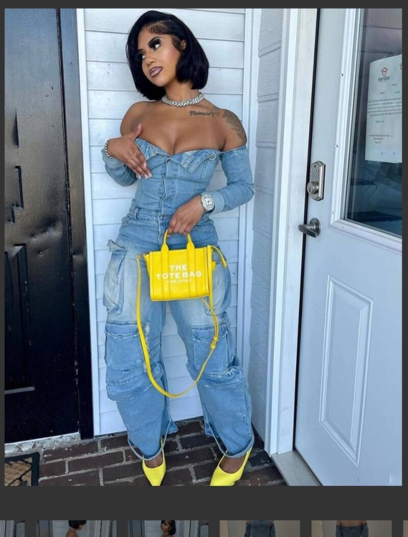 Swerves & Curves Boutique denim off-the-shoulder top and wide-leg pants set with a bright yellow tote bag and heels.