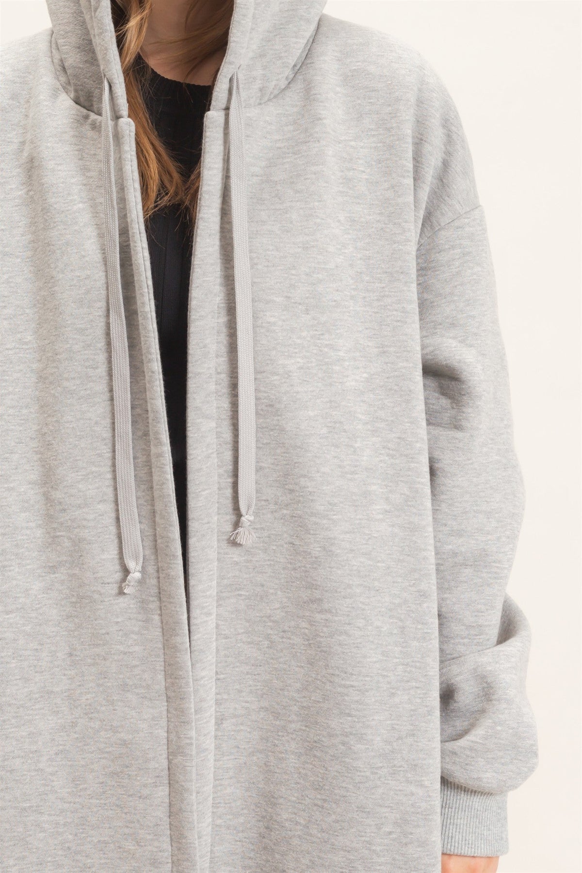 Swerves & Curves Boutique gray longline hooded jacket in soft knit fabric with an open front and drawstring hood