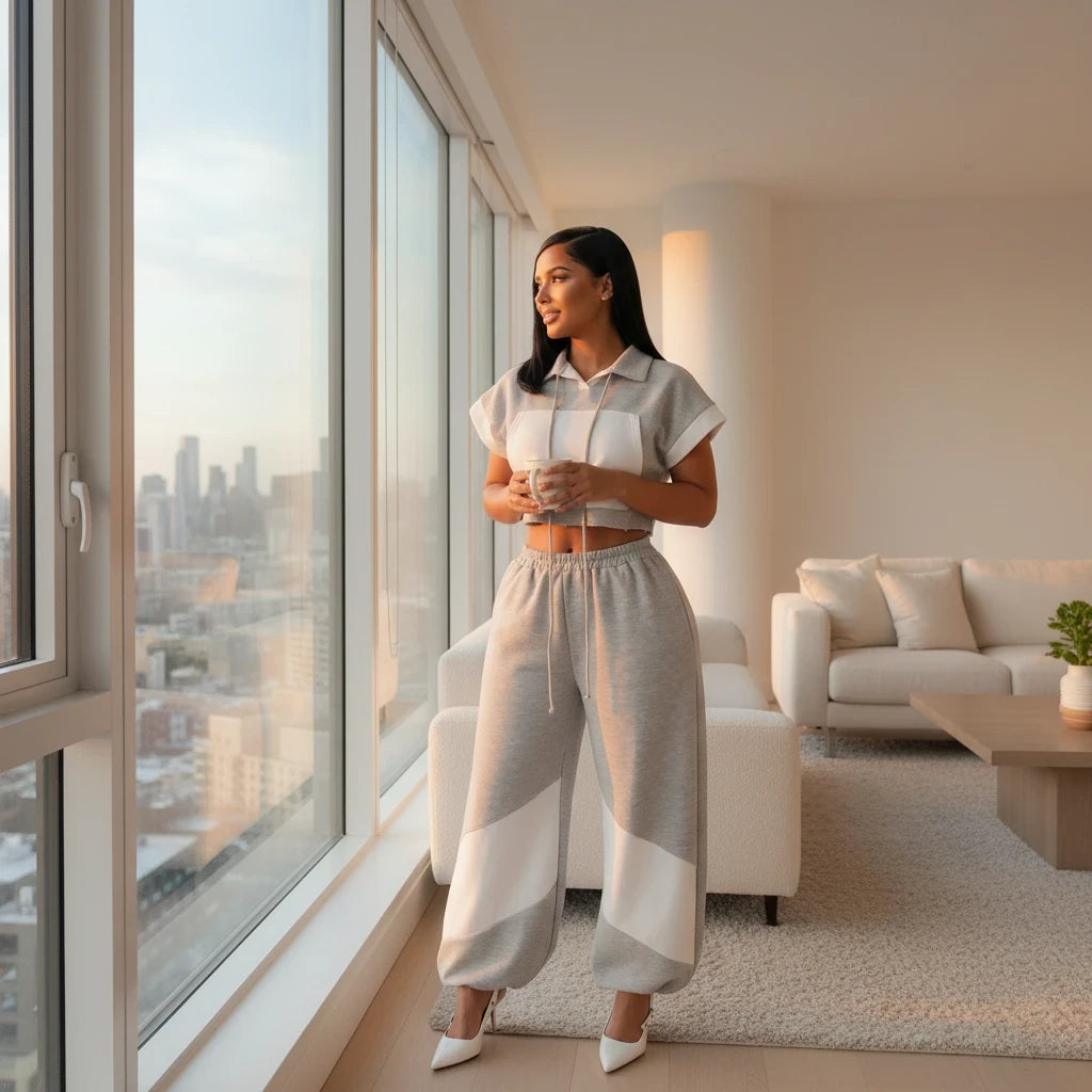 Swerves & Curves Boutique Cloud Nine Chic Set featuring a grey cropped hoodie and wide-leg joggers with white panels.