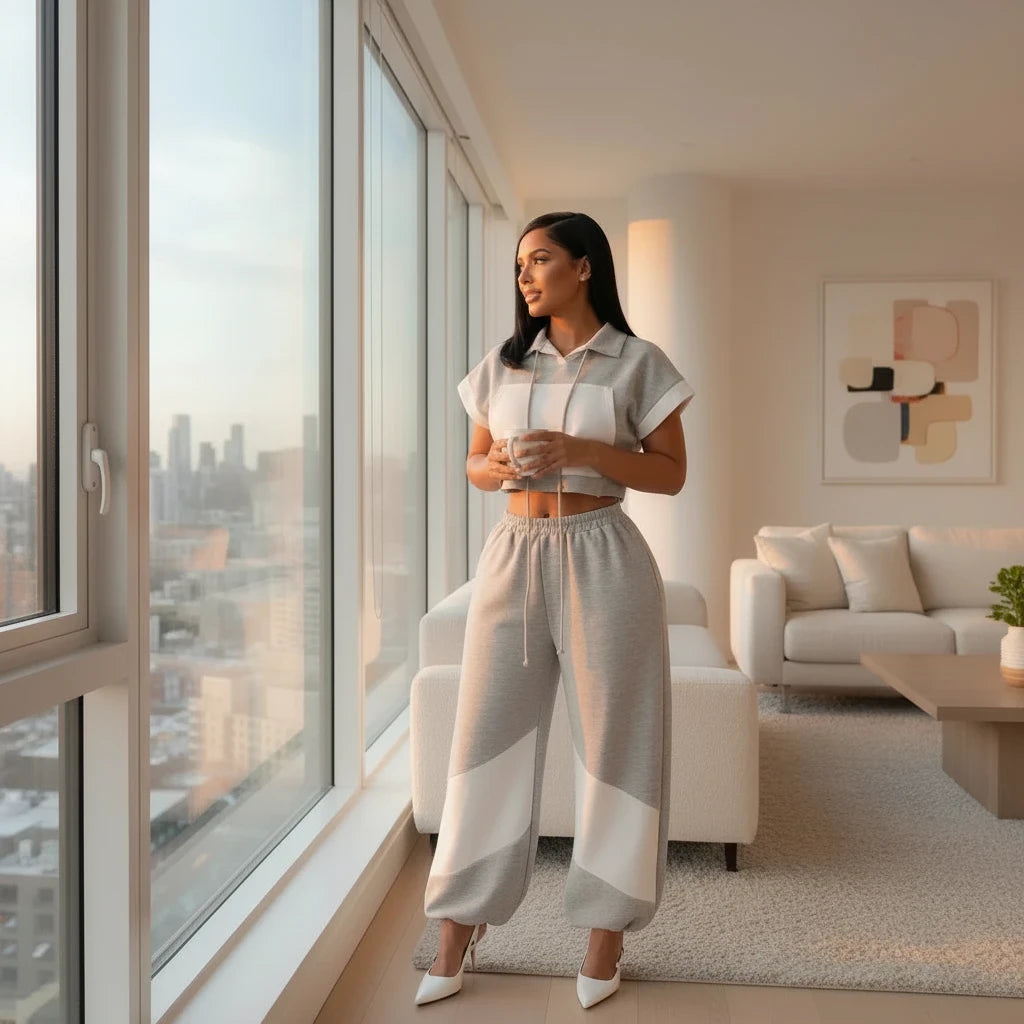 Swerves & Curves Boutique Cloud Nine Chic Set featuring a grey and white cropped hooded top and wide-leg joggers.