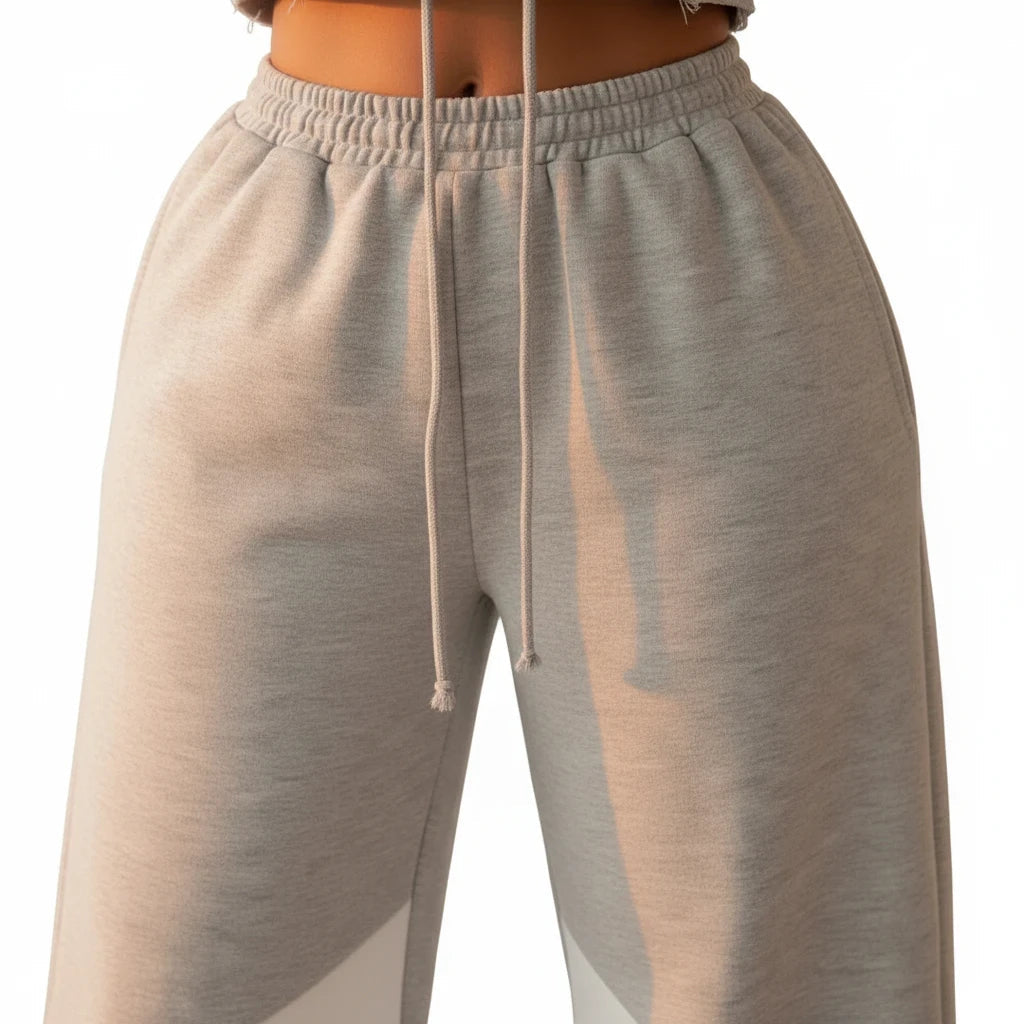 Swerves & Curves Boutique grey wide-leg joggers with white color-blocked panels and an elastic drawstring waist.