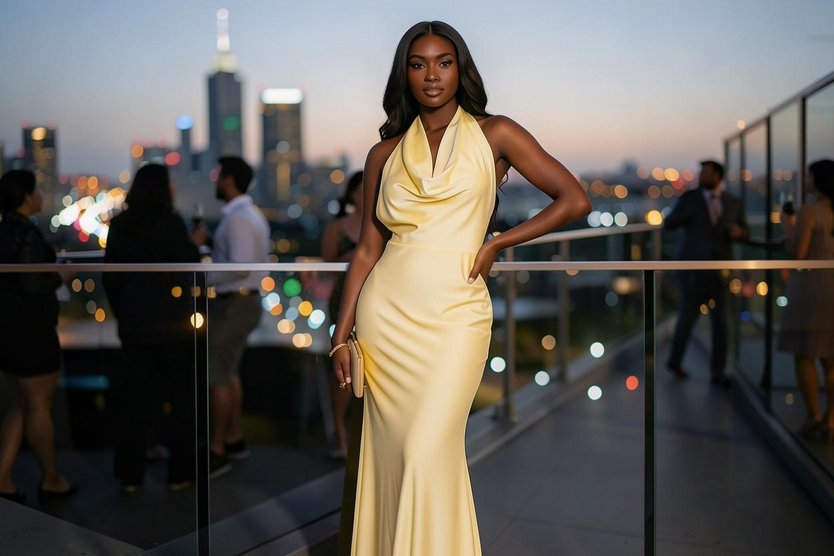 Swerves & Curves Boutique Lemon Luxe halter maxi dress with cowl neck on a model at a rooftop city event at sunset.