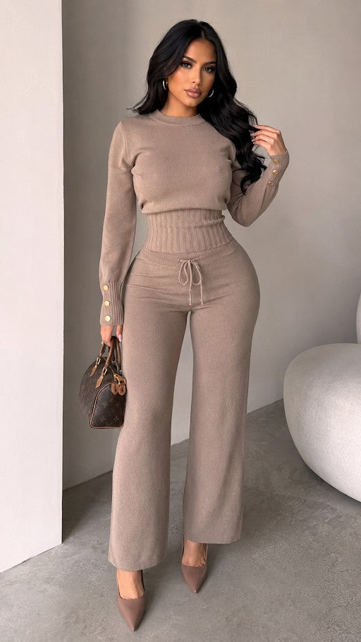 Swerves & Curves Boutique mocha knit lounge set with long sleeve top, ribbed waist, and wide leg pants with gold buttons