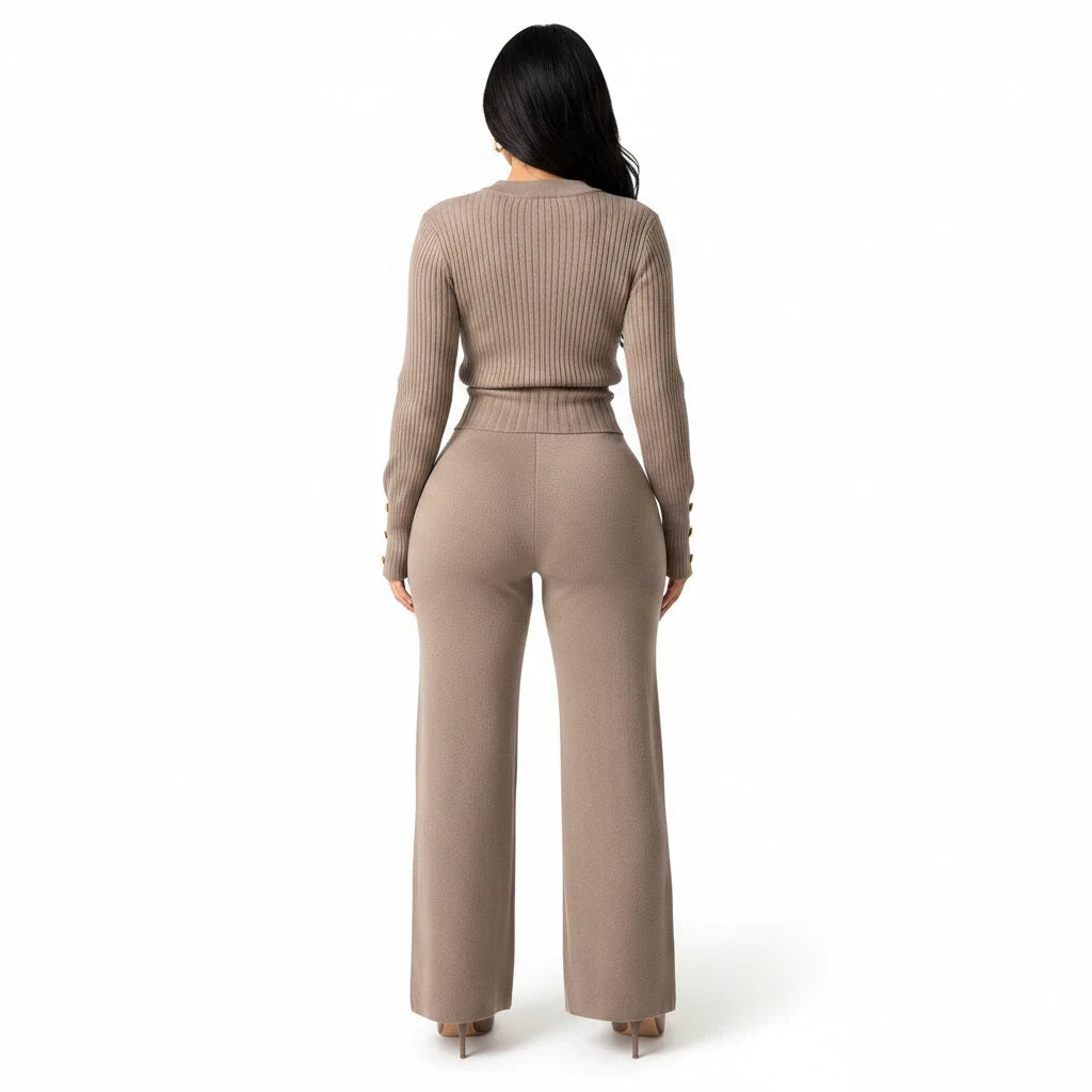 Swerves & Curves Boutique mocha knit lounge set with long sleeve ribbed top and wide leg pants, back view