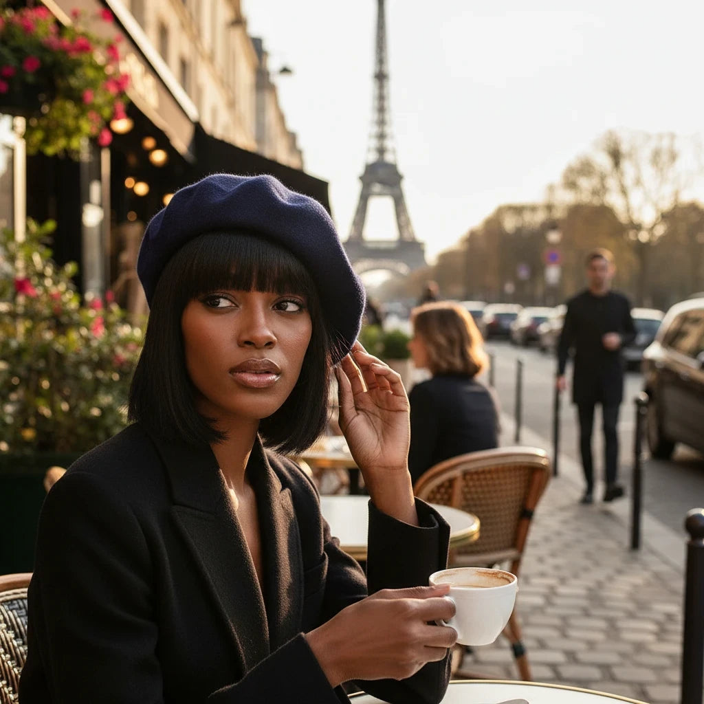 Swerves & Curves Boutique navy blue wool-blend beret worn by a woman at a Parisian cafe with the Eiffel Tower behind.