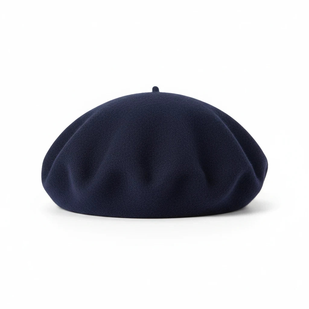 Swerves & Curves Boutique navy blue wool-blend beret with a classic rounded silhouette for a chic Parisian style.