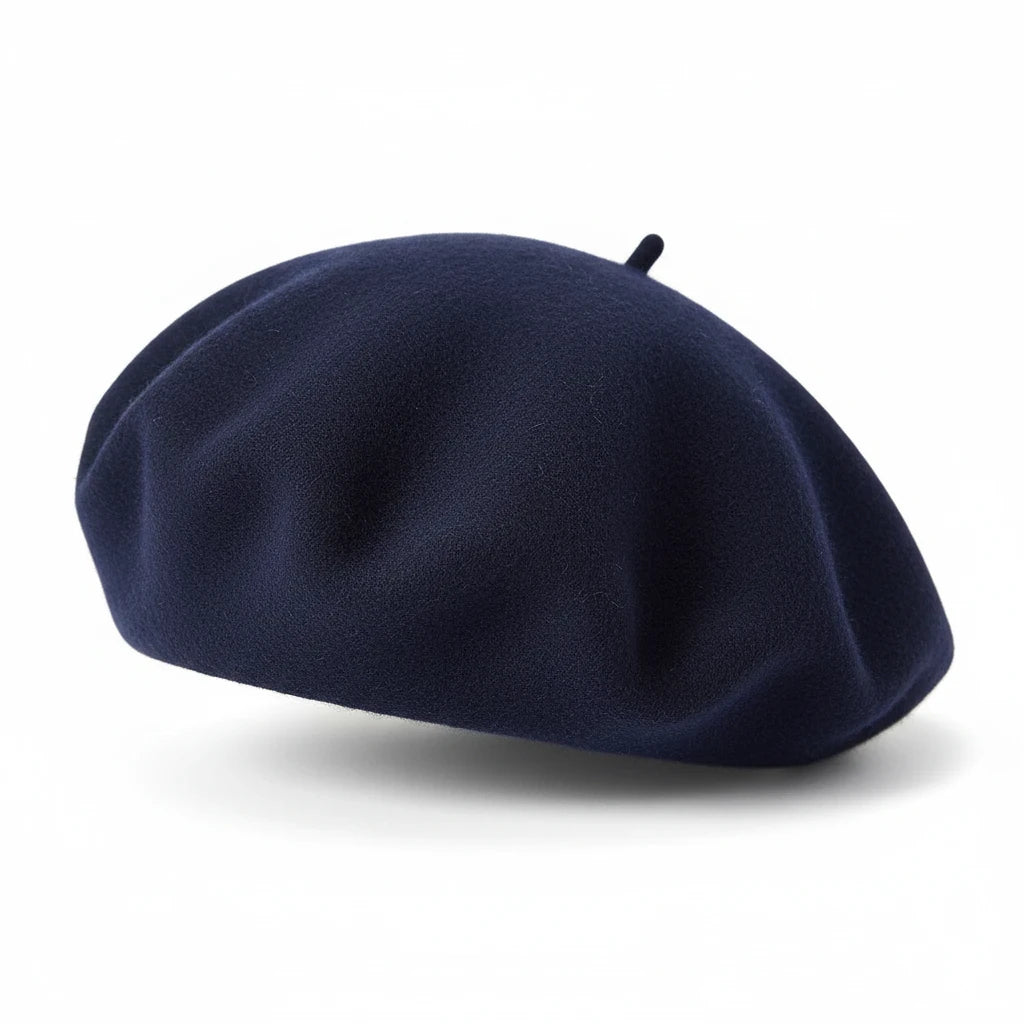 Swerves & Curves Boutique navy blue wool-blend beret with a classic rounded silhouette on a white background