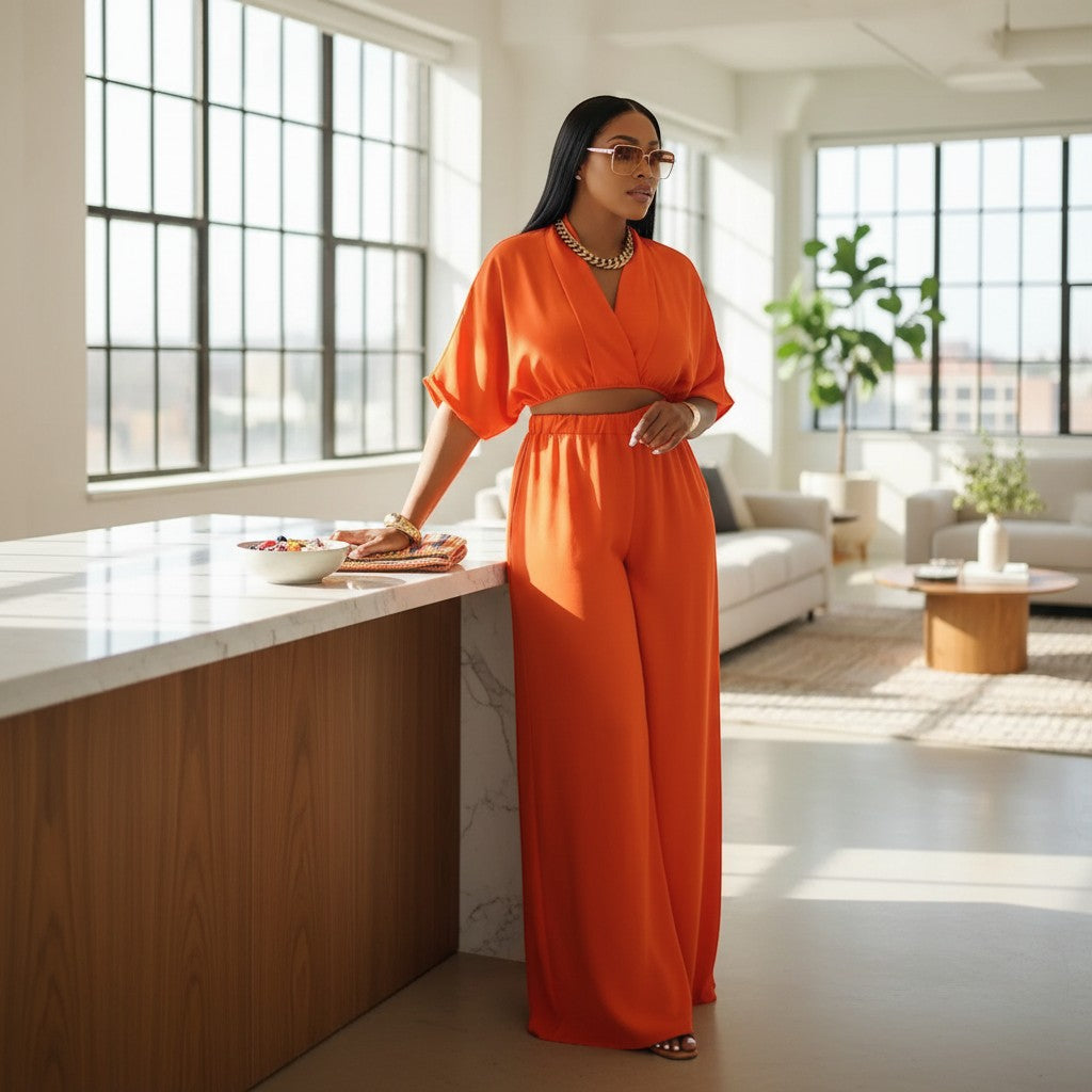 Swerves & Curves Boutique Willow Breeze Set featuring a bright orange cropped top and wide-leg pants in a bright room