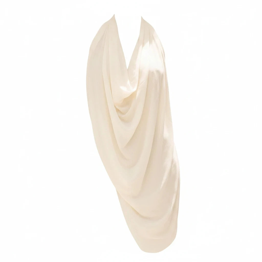 Swerves & Curves Boutique cream sheer halter top with an elegant draped cowl neckline and open-back design