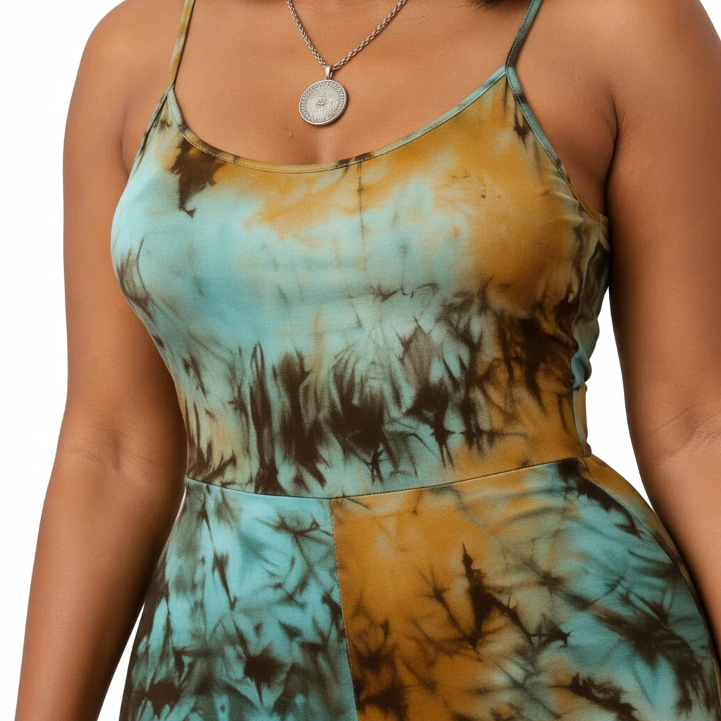 Swerves & Curves Boutique tie-dye jumpsuit in turquoise, amber, and mocha with spaghetti straps and scoop neckline.