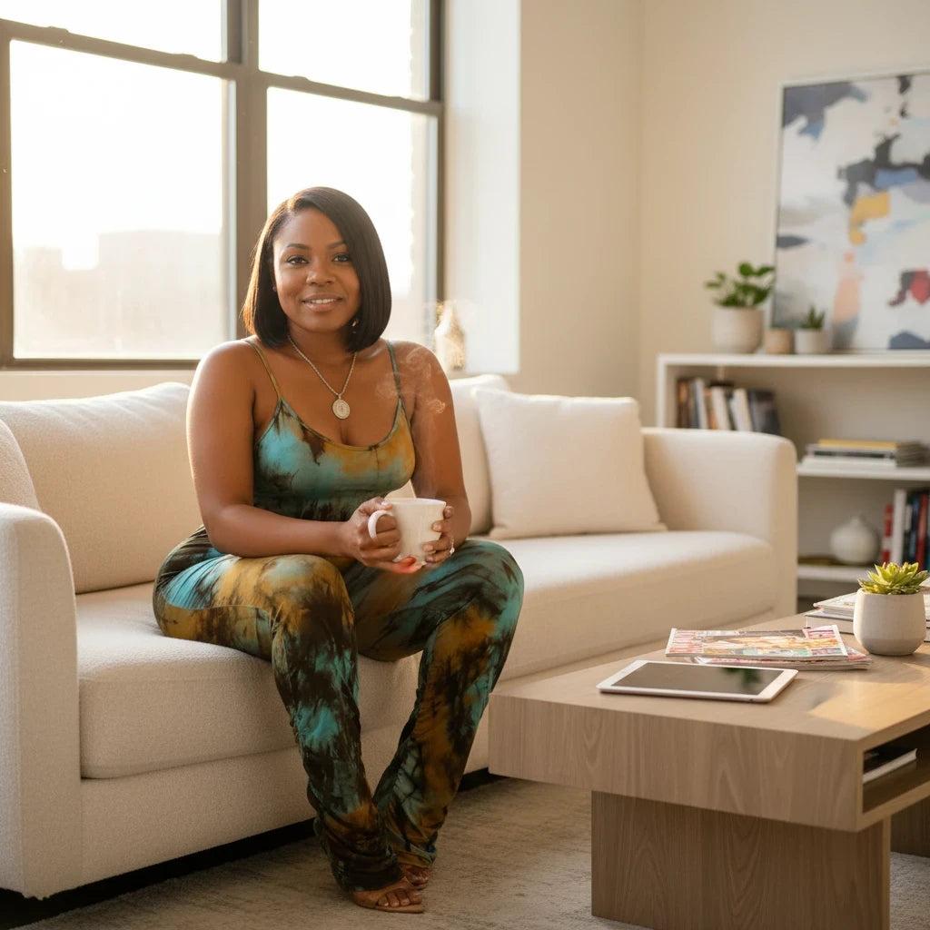Swerves & Curves Boutique tie-dye jumpsuit in turquoise and mocha with spaghetti straps, worn by a woman on a sofa.