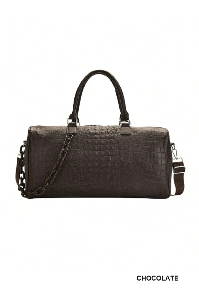 Brown handbag with a chain detail on a white background